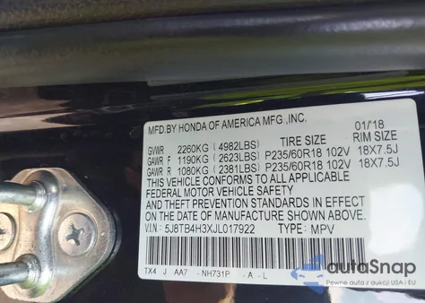 2018 Acura Rdx Acurawatch Plus Package z USA, uszkodzony, nr VIN 5J8TB4H3XJL017922